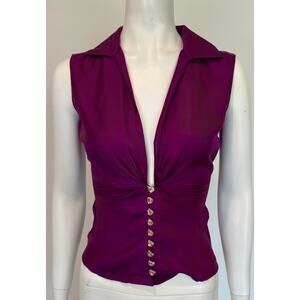 S/S 2000 Gianni Versace by Donatella Purple Silk Satin Rhinestone Plunging Top